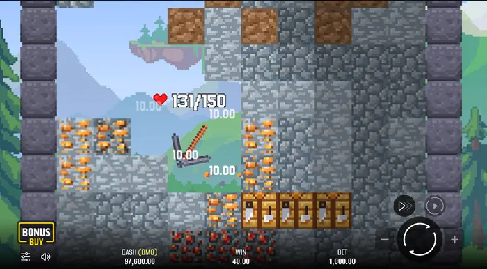 لقطة شاشة لواجهة Falling Pickaxe تعرض الرهان والرصيد وأزرار التحكم.