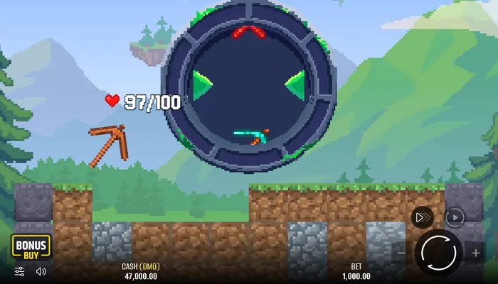 لقطة شاشة لواجهة لعبة Falling Pickaxe تظهر المعول الهابط وكتل التعدين.