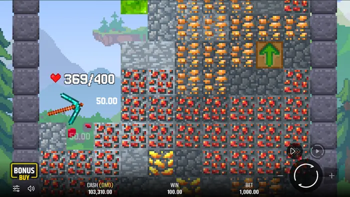 لقطة شاشة لأنواع الكتل في Falling Pickaxe، بما فيها الحجر والخامات وTNT.