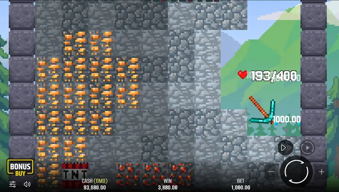 Bet, Win, Cash 패널이 보이는 컴퓨터용 Falling Pickaxe 게임 화면