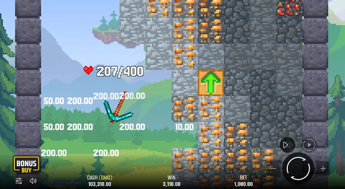 جدول دفع يوضح متانة وقيم رموز لعبة Falling Pickaxe.